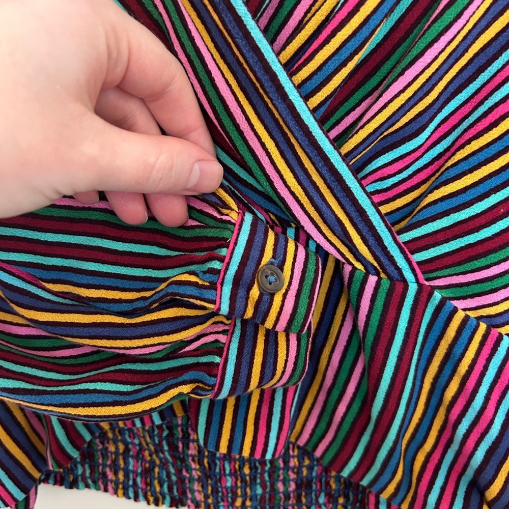 Maeve Anthropologie Striped Wrap Blouse Multicolor 0P Petite Smocked Tie Back - Picture 5 of 7